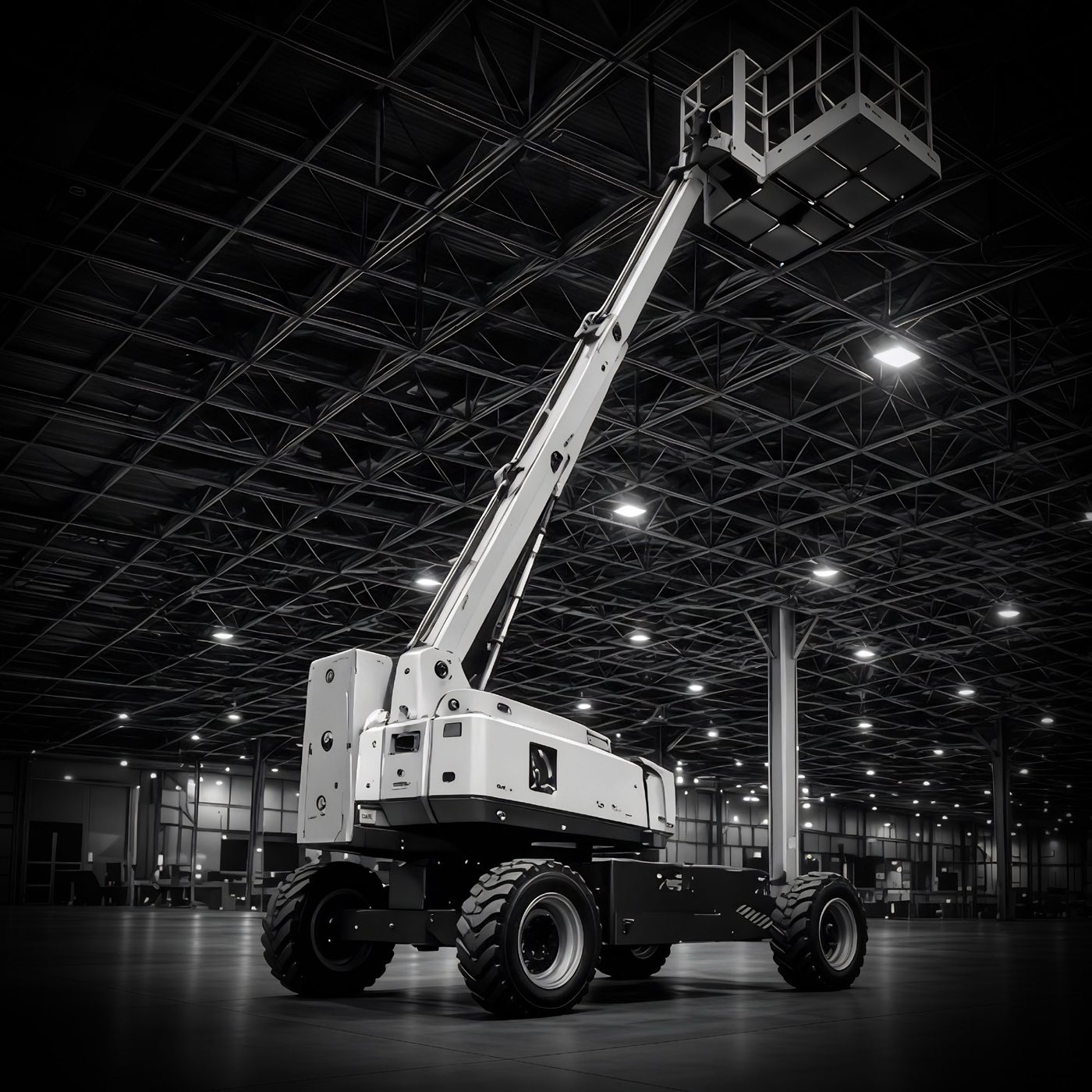Atlas Facility Solutions aerial lift positioned beneath high overhead structures in a commercial warehouse
